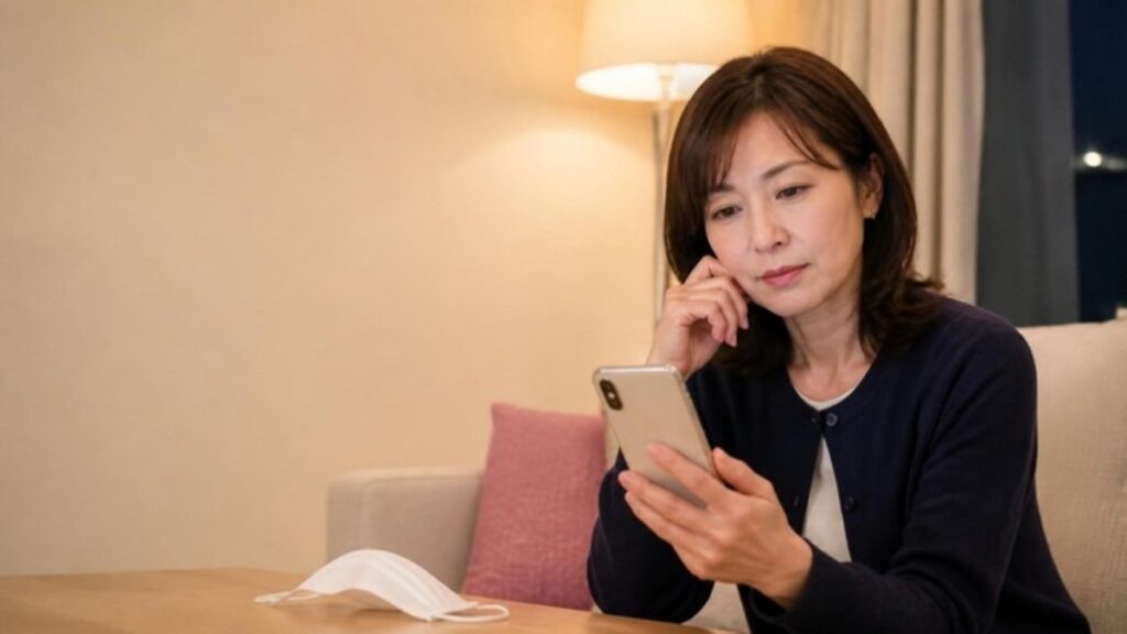 夜のリビングでスマートフォンを見ながら、サロンに行くかどうか迷っている40代の女性の画像