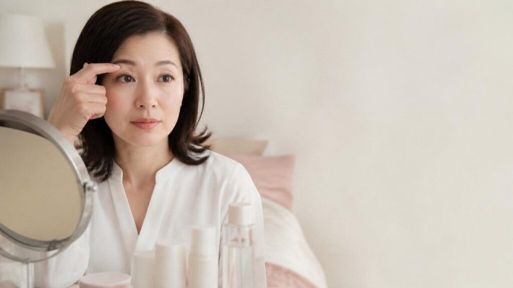 鏡の前で指先でまぶたに触れ、重さを確かめている40代の女性の画像