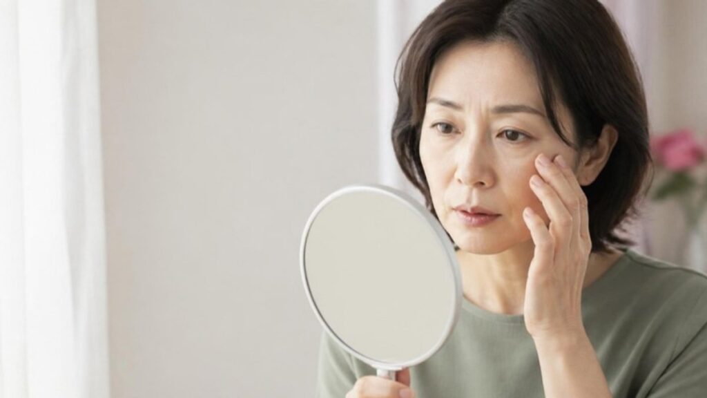 手鏡をのぞき込み、目の下に指を当てて気になるところを確かめている50代の女性の画像