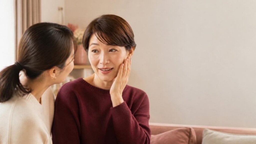 娘に顔をのぞき込まれ、頬に手を当てて少し驚いている50代の女性の画像