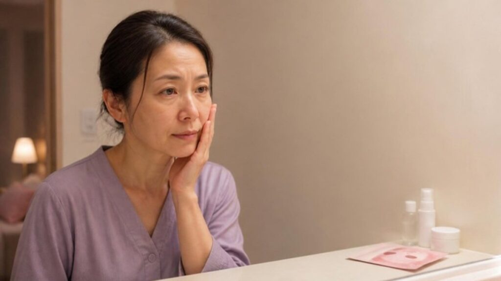 何もつけていない頬にそっと手のひらを当て、肌の調子に困っている50代の女性の画像