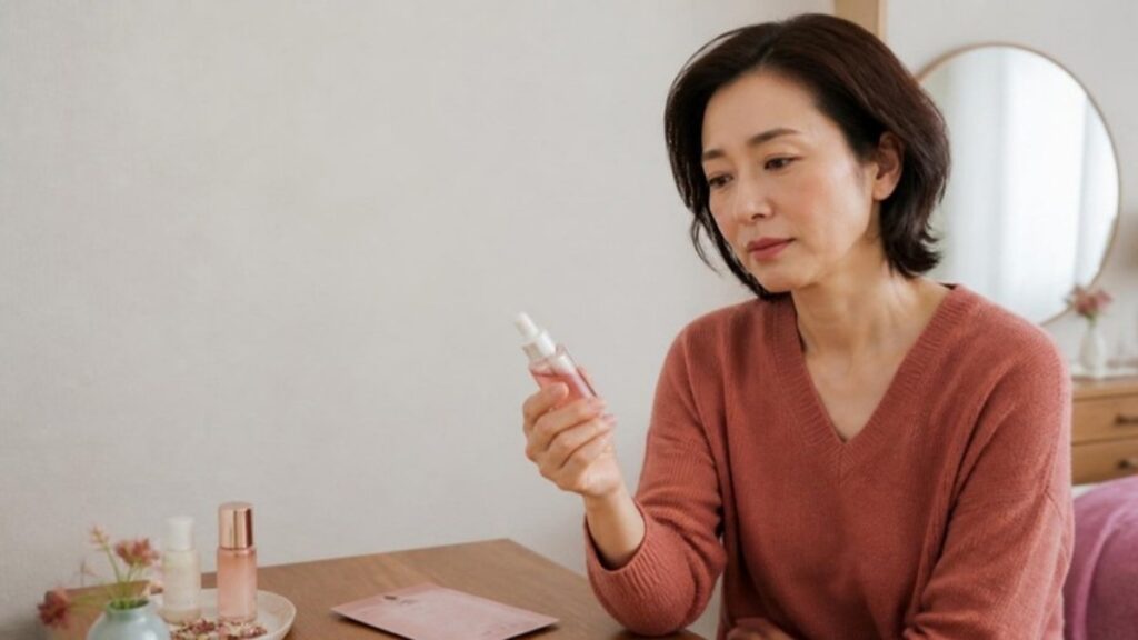 美容液のボトルを手に取り、手応えのなさに考え込んでいる50代の女性の画像