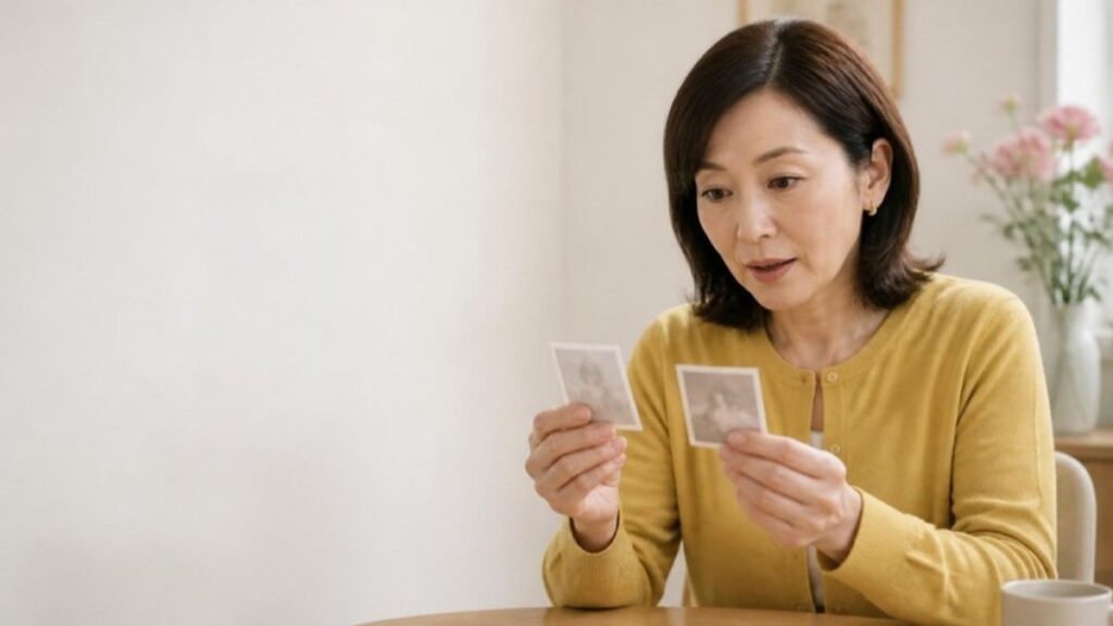 証明写真2枚を手に持って見比べ、あまり変わっていないことに驚いている50代の女性の画像
