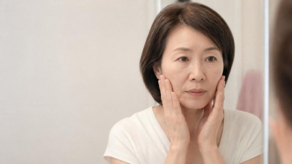 鏡に向かって両手の指先で左右の頬に触れ、高さのちがいを見比べている50代の女性の画像