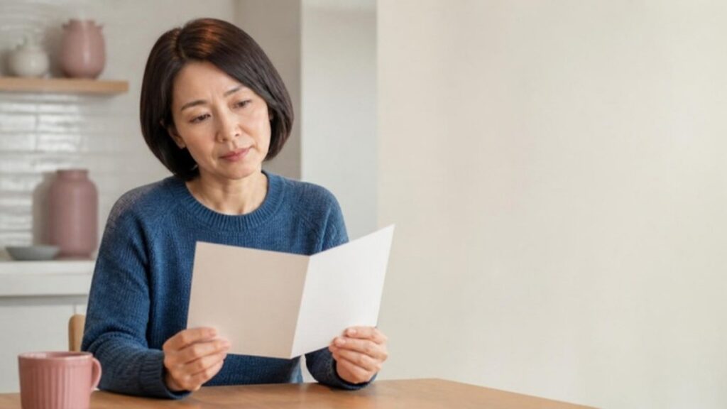 クリニックのパンフレットを手に、勧められた施術に踏み切るか迷っている50代の女性の画像