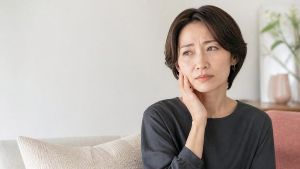 ソファに座り、頬に手を当てて以前の施術の痛みを思い出している50代の女性の画像