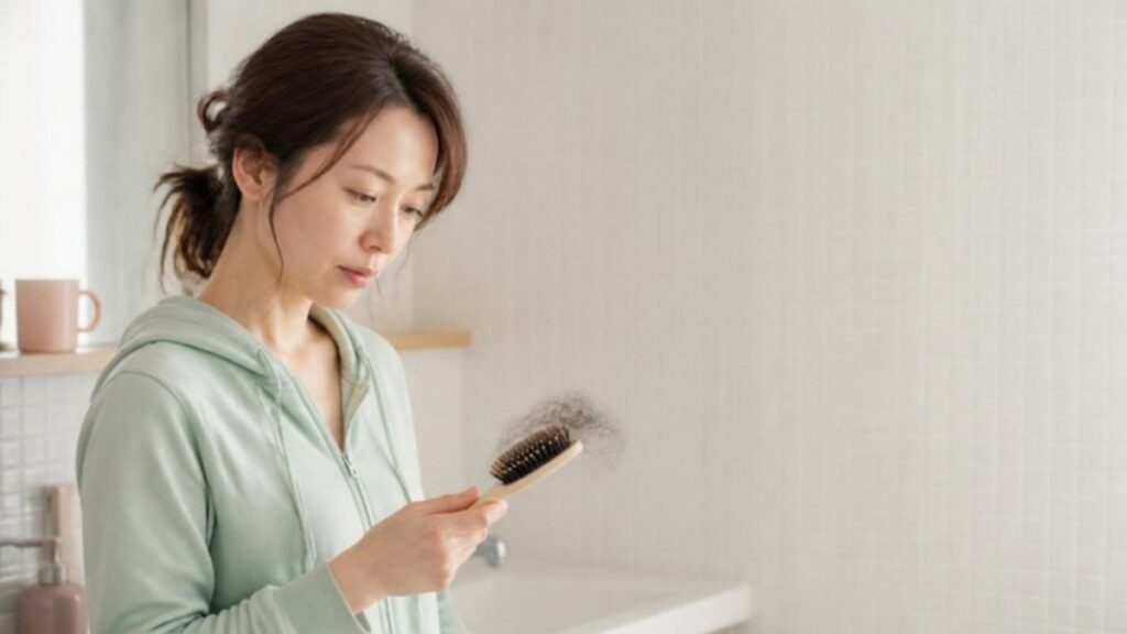 洗面台でヘアブラシについた抜け毛を見つめている子育て中の女性の画像