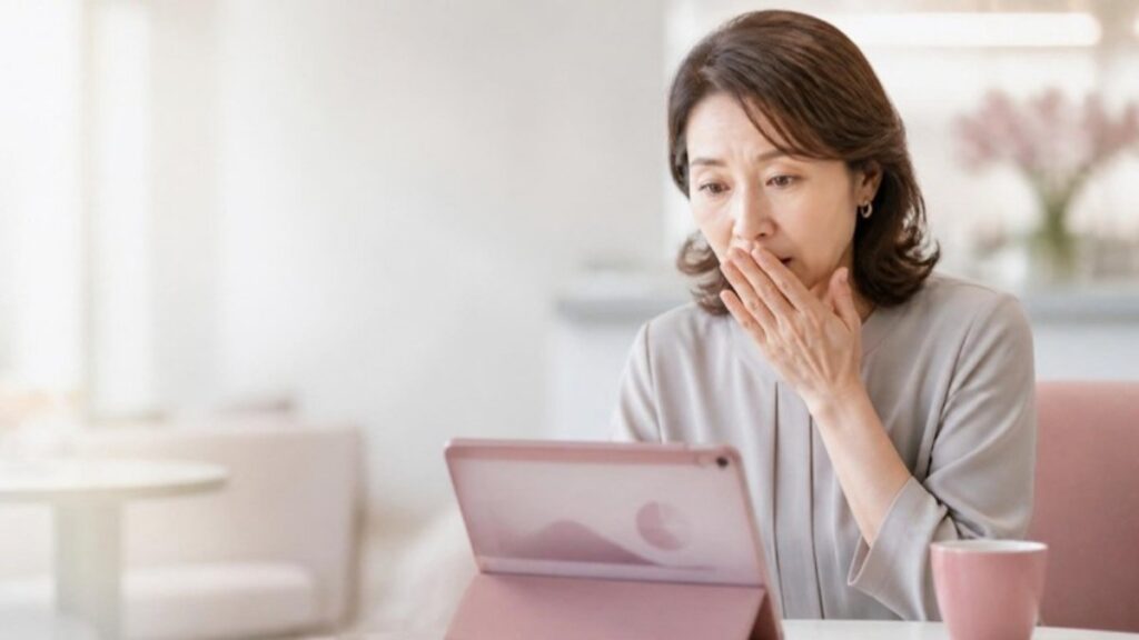 タブレットで肌診断の結果を見て、口元に手を当てて驚いている50代の女性の画像