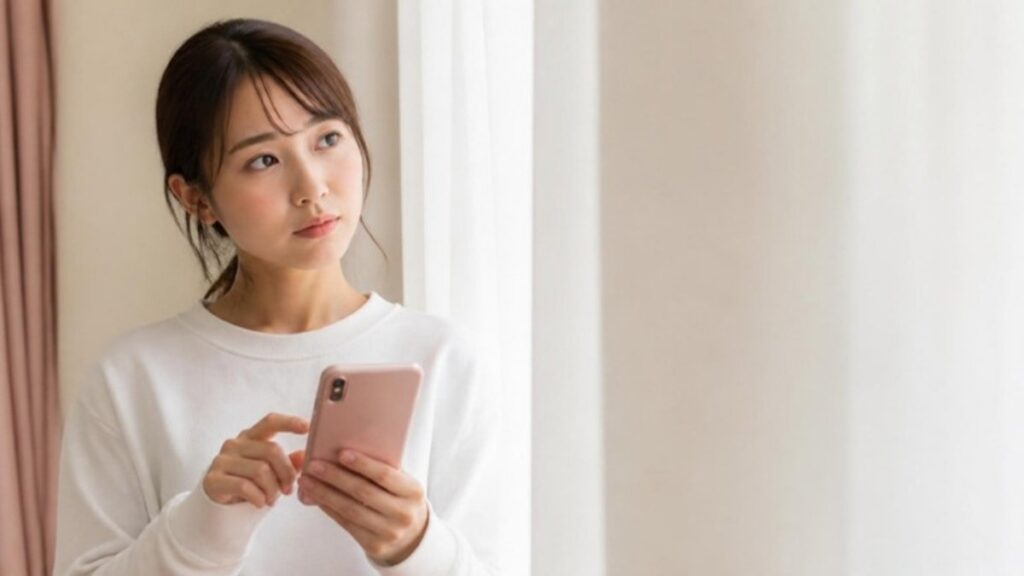 スマートフォンの予約画面に指をかけたまま、行っていいのか迷っている20代の女性の画像
