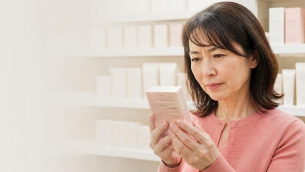 化粧品の箱の裏の成分表示を読み、肌に合うか心配している50代の女性の画像