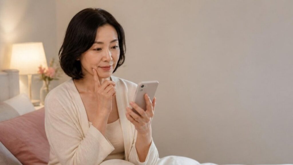 スマートフォンでSNSを見ながら、頬に指を当ててたるみや肌質のことを考えている50代の女性の画像