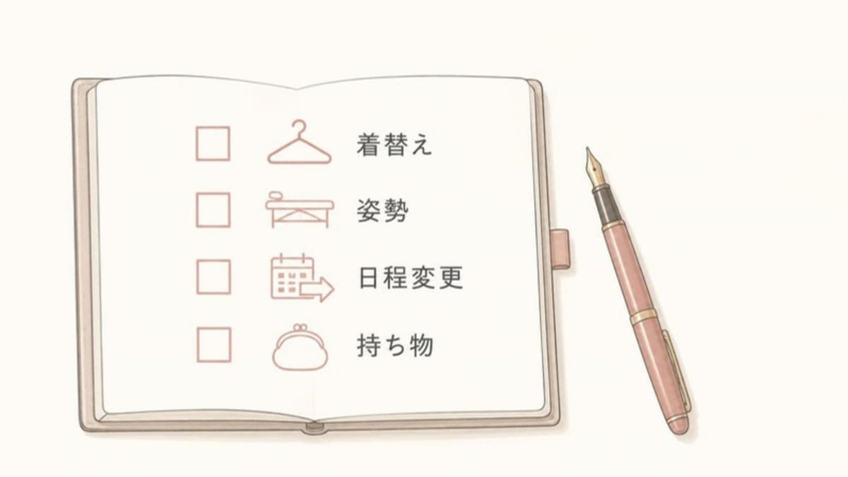 エステの予約前に確かめたい4つのこと(着替え・姿勢・日程変更・持ち物)を手帳のチェックリストにした画像