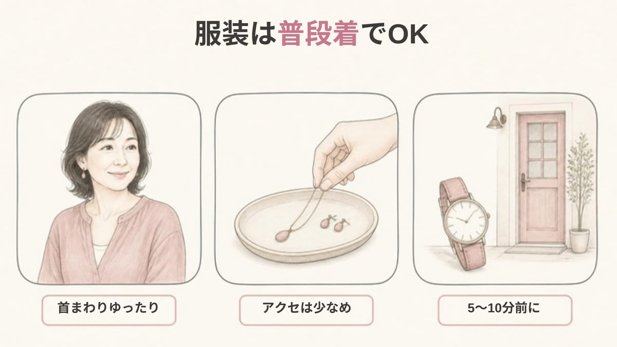 エステの日の服装は首まわりがゆったりした普段着で、アクセサリーは少なめにし、5〜10分前に着くことを示した画像