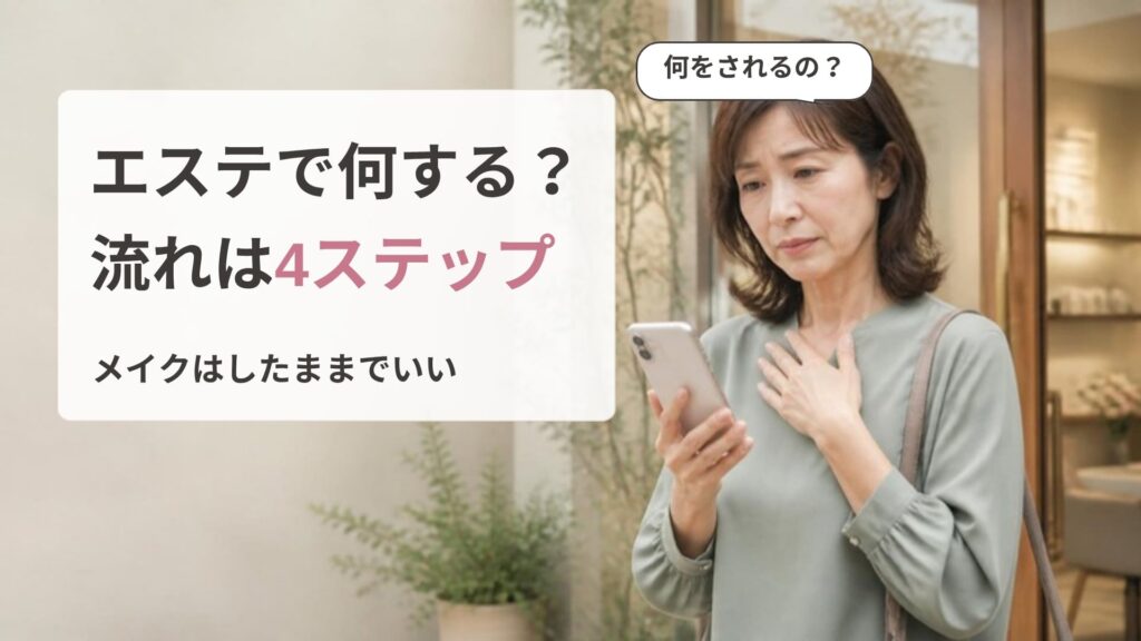 初めてのエステの前にサロンの入口でスマホの予約画面を持ち、少し緊張している女性の画像