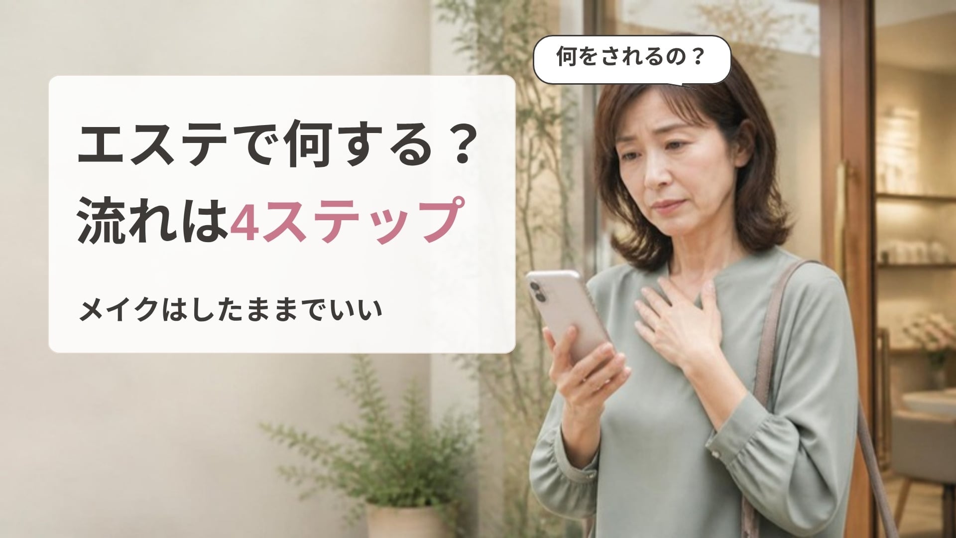 初めてのエステの前にサロンの入口でスマホの予約画面を持ち、少し緊張している女性の画像