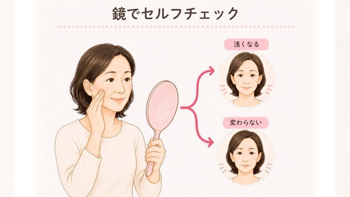 鏡の前で頬を軽く引き上げて、ほうれい線が浅くなるか変わらないかを確かめるセルフチェックのイラスト