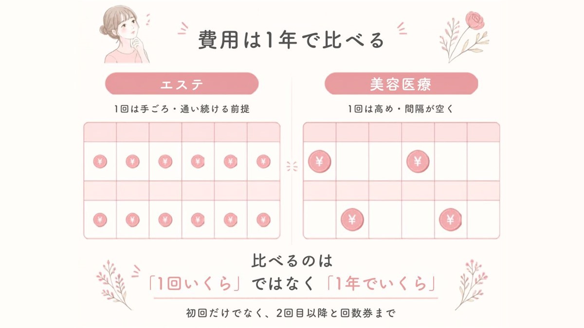 エステと美容医療の費用を「1回いくら」ではなく「1年でいくら」で比べる図