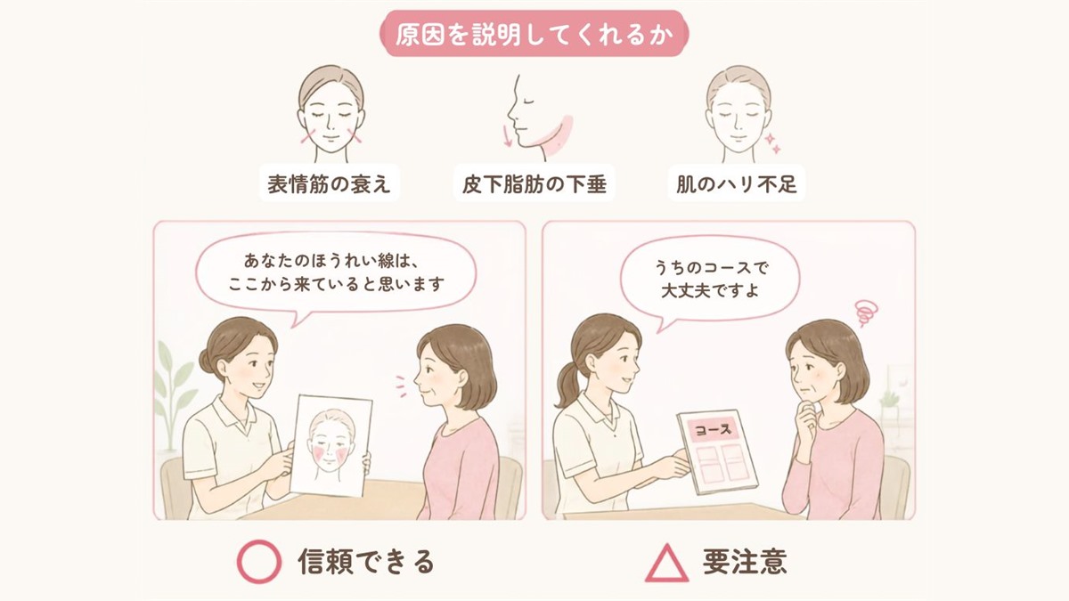 原因を説明してくれるサロン（信頼できる）とコースだけを勧めるサロン（要注意）のカウンセリングの比較イラスト