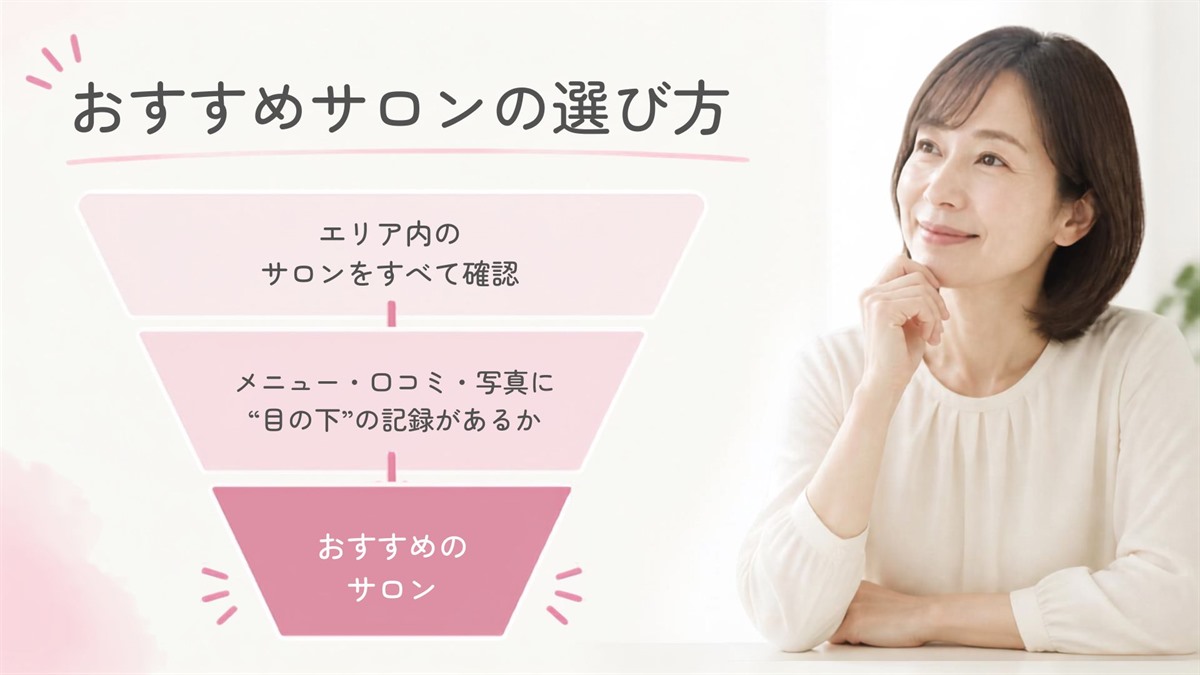目の下のたるみケアのおすすめサロンを選んだ基準（エリア内の全サロン→目の下の記録→おすすめ）の図