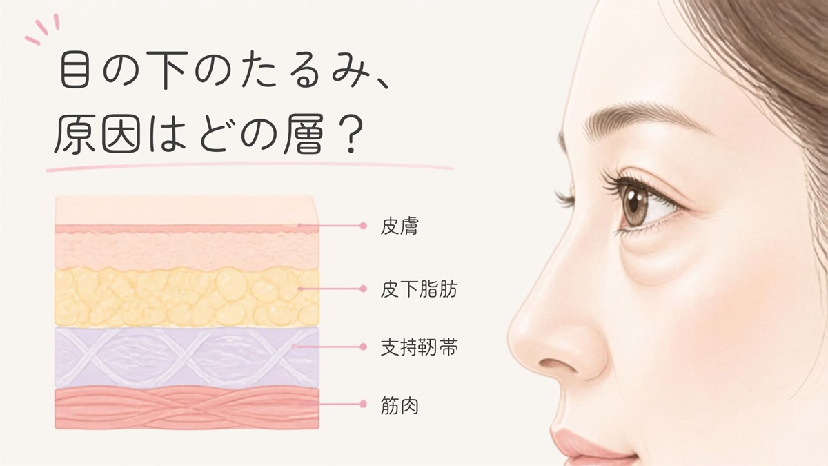 目の下のたるみに関わる4つの層（皮膚・皮下脂肪・支持靭帯・筋肉）の断面図
