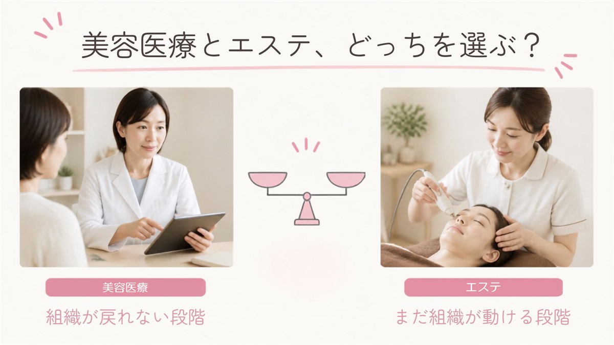美容医療とエステの違い（組織が戻れない段階／まだ組織が動ける段階）を比べたイメージ