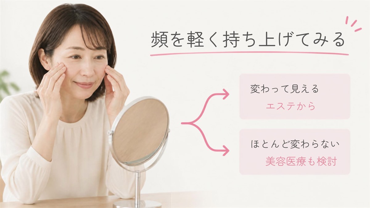 鏡の前で頬を軽く持ち上げて、エステと美容医療のどちらから考えるかを確かめるセルフチェック
