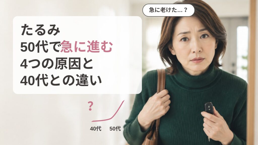 朝の玄関で出かける前に鏡をのぞき、50代で急に深くなった顔の影に気づいて少し眉を寄せている女性の画像