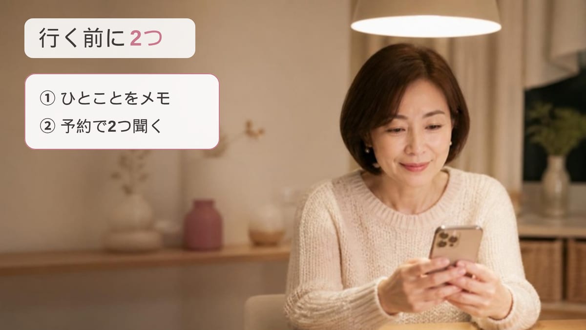 体験に行く前に、自宅でスマートフォンに断りのひとことをメモしている女性の画像