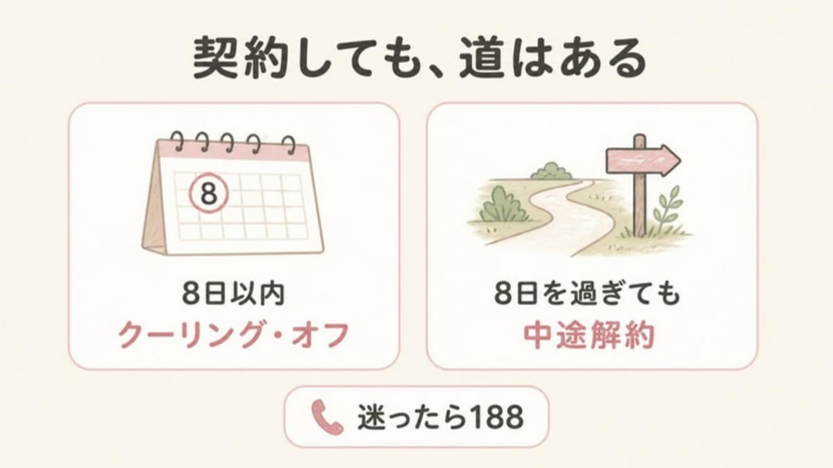契約しても8日以内はクーリング・オフ、8日を過ぎても中途解約ができ、迷ったら188に相談できることを示した画像
