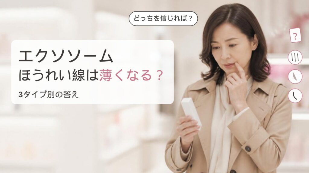 化粧品売り場で美容液の箱を手に、口元の横に指先を当てて、エクソソームでほうれい線が薄くなるのか迷っている女性の画像