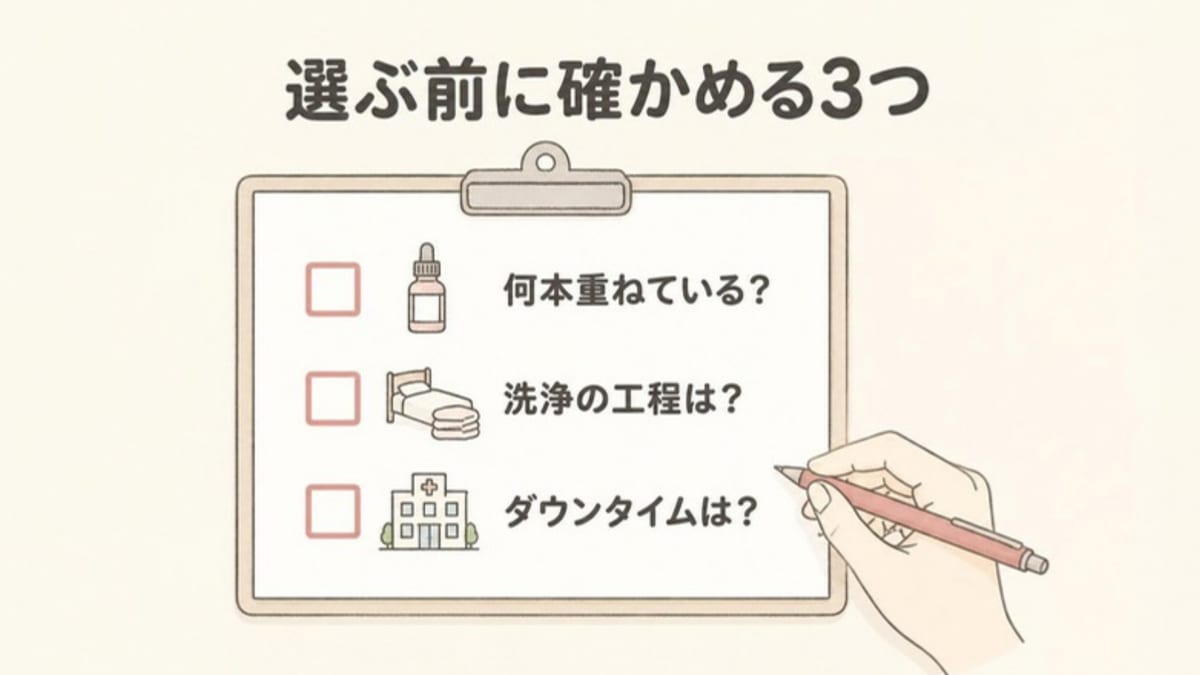 美容液・エステ・クリニックを選ぶ前に、何本重ねているか・洗浄の工程・ダウンタイムを確かめることを示した画像