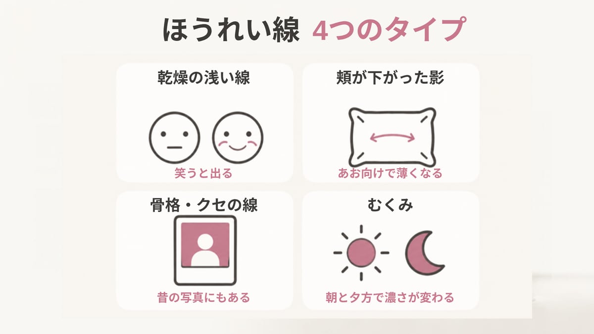 真顔と笑顔、まくら、昔の写真、太陽と月のアイコンで、ほうれい線の4つのタイプを家で確かめる方法を示した画像