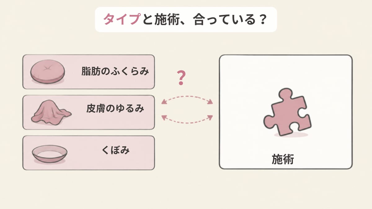目の下のたるみは脂肪のふくらみ・皮膚のゆるみ・くぼみの3つのタイプの組み合わせで、選ぶ方法が自分のタイプに合っているかを確かめることを、カードとパズルで示した画像