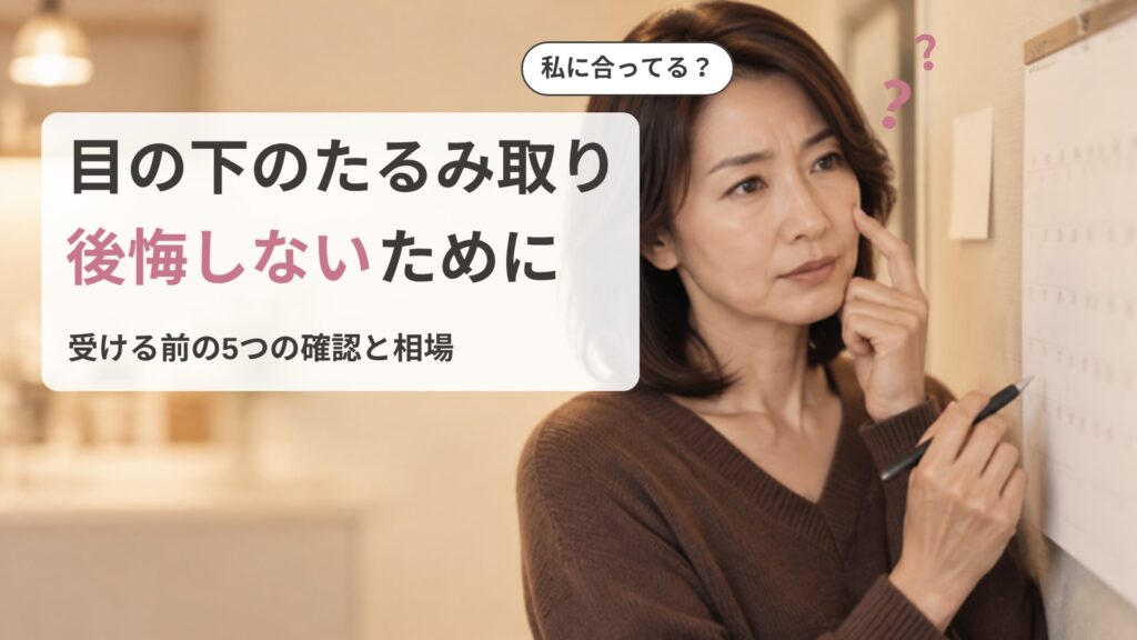 夜のキッチンで壁のカレンダーの前に立ち、ペンを止めて目の下に触れながら、目の下のたるみ取りが自分に合っているか迷っている女性の画像