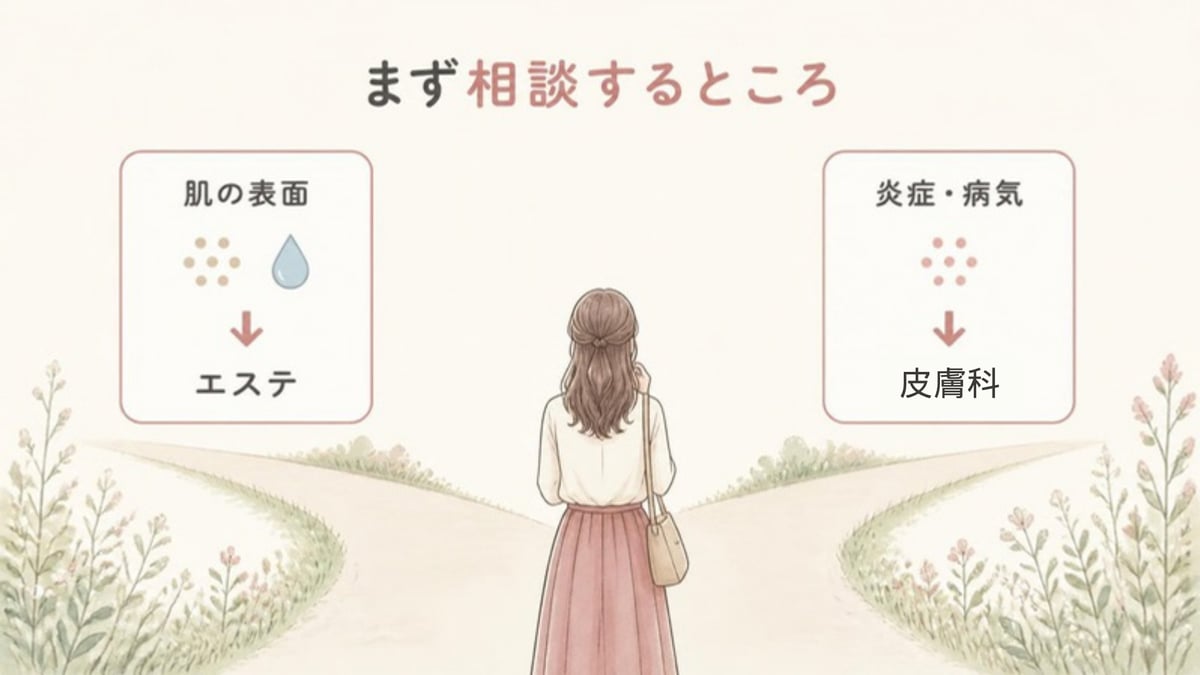 分かれ道の図で、肌の表面の悩みはエステ、炎症や病気の悩みは皮膚科へまず相談することを示した画像