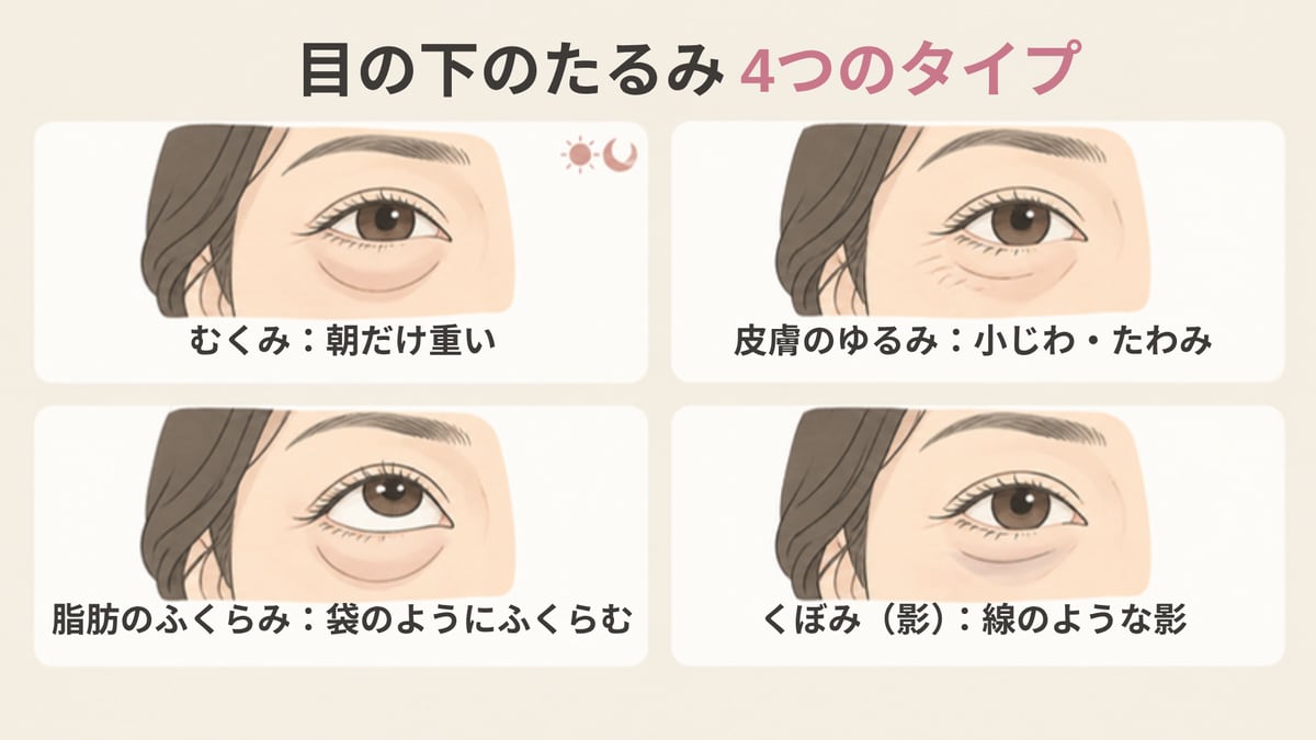 むくみ・皮膚のゆるみ・脂肪のふくらみ・くぼみの4つの目元を同じ大きさで並べ、目の下のたるみの4つのタイプの見え方の違いを示した画像