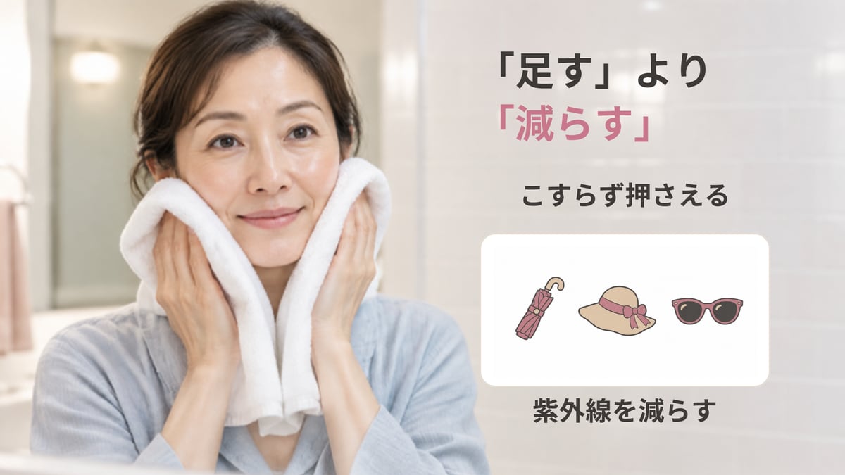 洗面台で洗顔のあとにタオルを両手で頬にそっと押し当て、日傘・帽子・サングラスのアイコンとともに、こする回数と紫外線を減らすことを示した画像