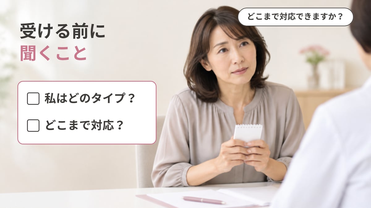 相談室でメモを手に、自分のたるみのタイプと施術がどこまで対応できるかを質問している女性の画像