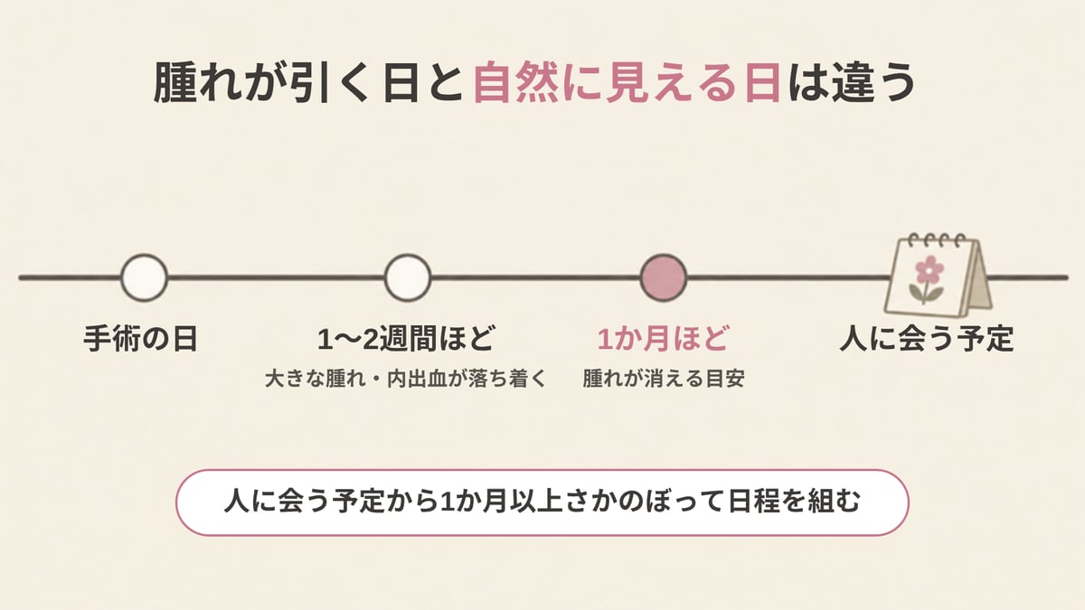 手術の日から1〜2週間ほどで大きな腫れ・内出血が落ち着き、1か月ほどで腫れが消える目安までを時間の線で示し、人に会う予定から1か月以上さかのぼって日程を組むことを表した画像
