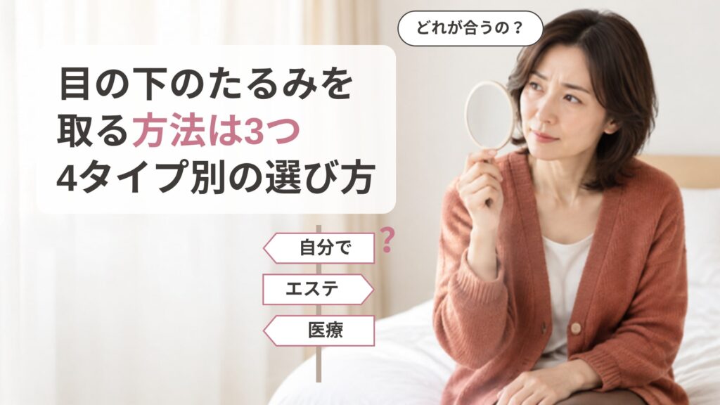 朝の寝室でベッドの端に座り、手鏡を目の高さに持って、目の下のたるみを取る方法のどれが自分に合うのか迷っている女性の画像