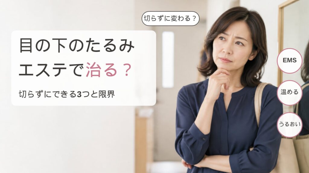 朝の玄関の姿見の前で腕を組み、あごに手を当てて、目の下のたるみはエステで治るのか半信半疑で考えている女性の画像